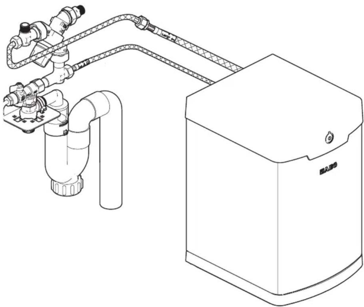 Technical line drawing of a robotic arm connecting a pipe to a rectangular device labeled 'SANS'.