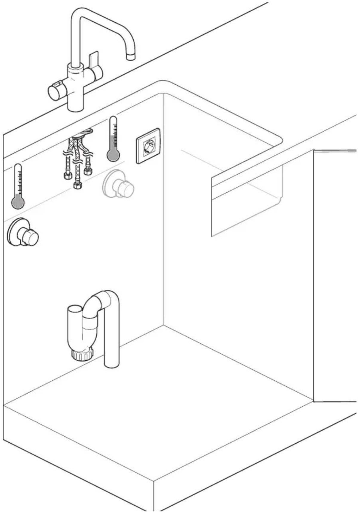 Isometric line drawing of a kitchen sink with plumbing fixtures and a faucet (no text or symbols)