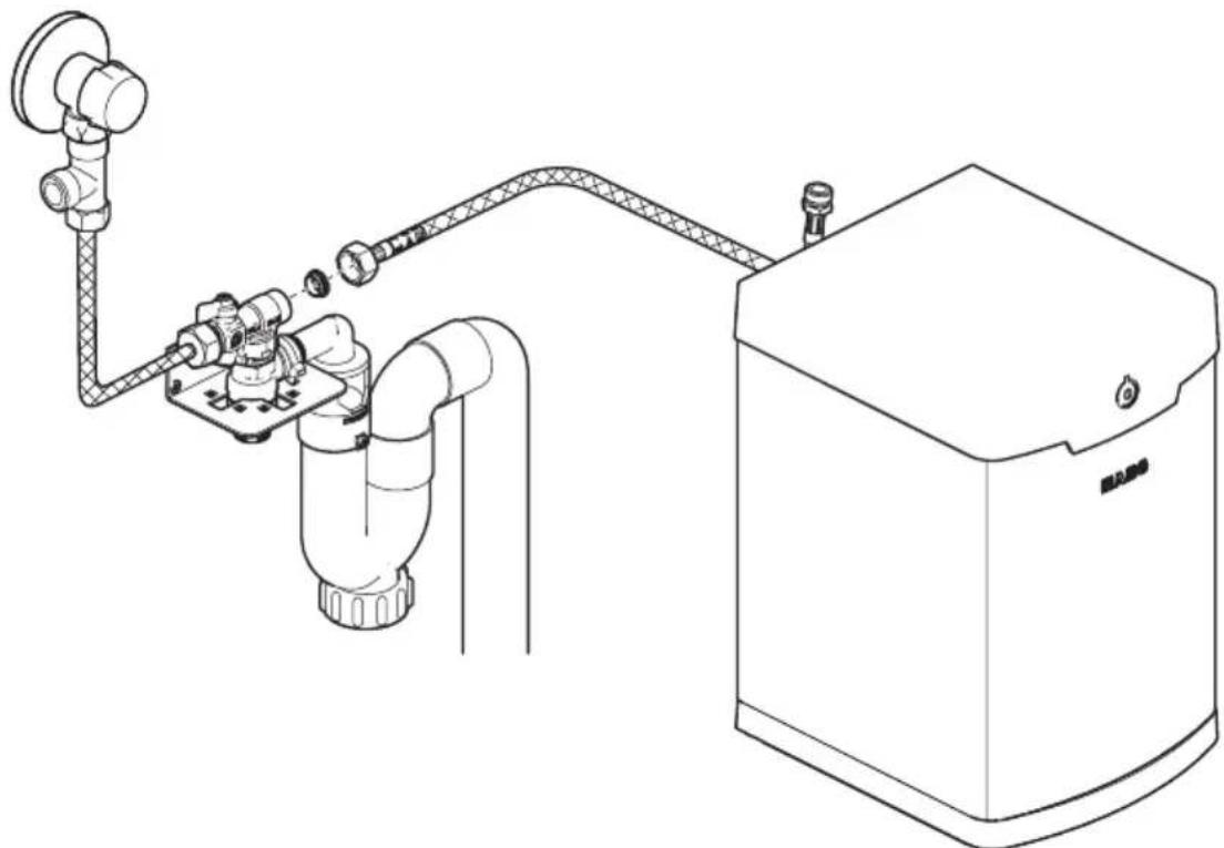 Technical line drawing of a mechanical system with pipes, valves, and a control unit.