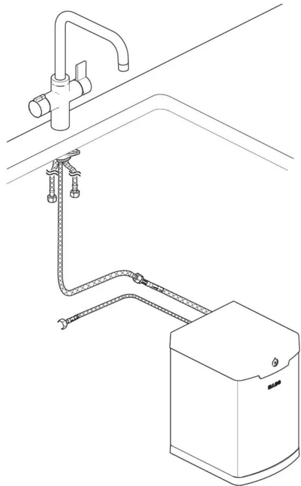 Technical line drawing of a piping system with a valve and attached housing.