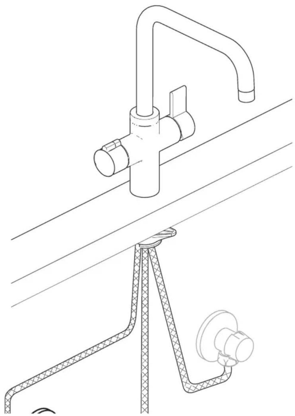 Technical line drawing of a mechanical assembly with pipes and a bracket.