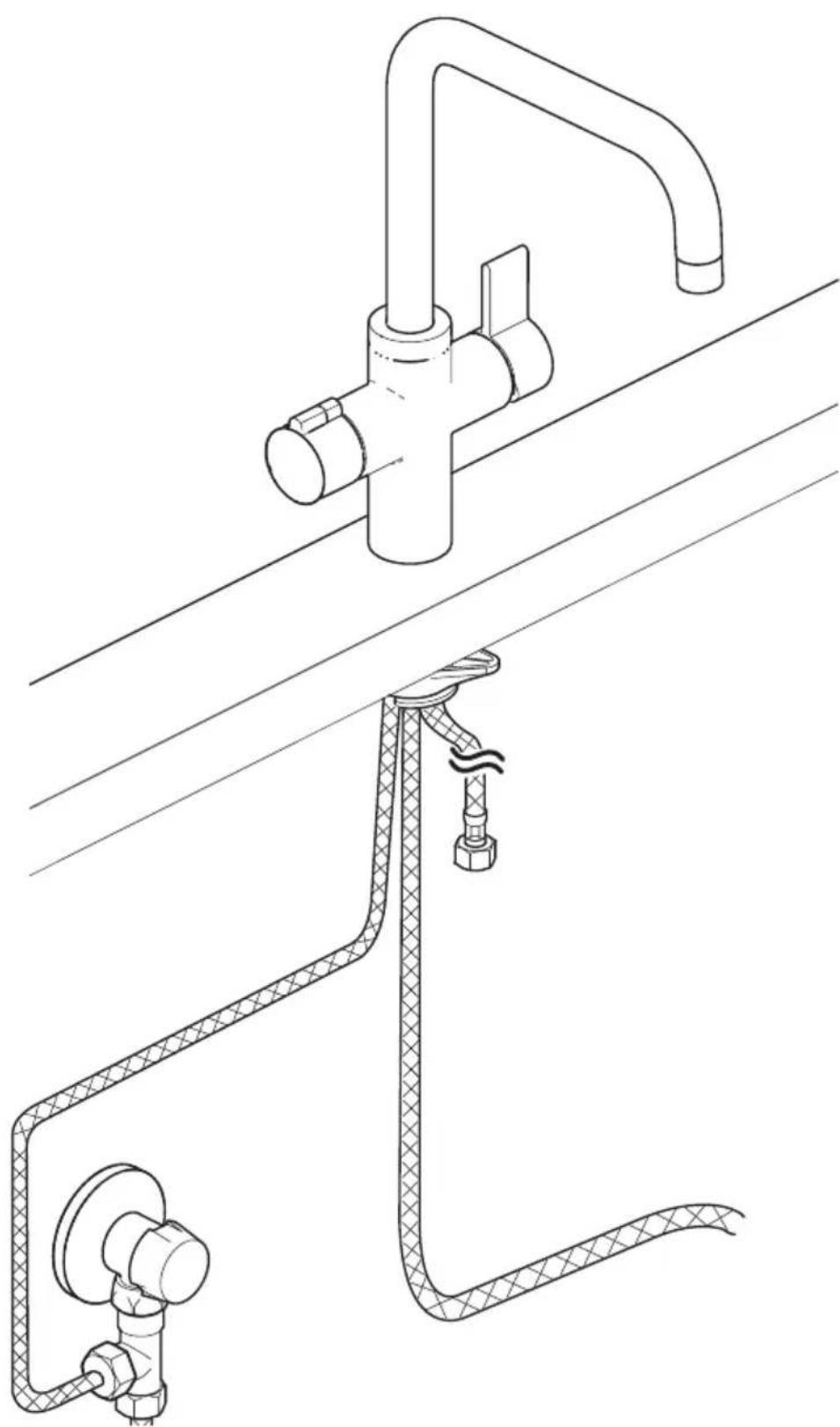 Technical line drawing of a mechanical assembly with pipes and fittings.