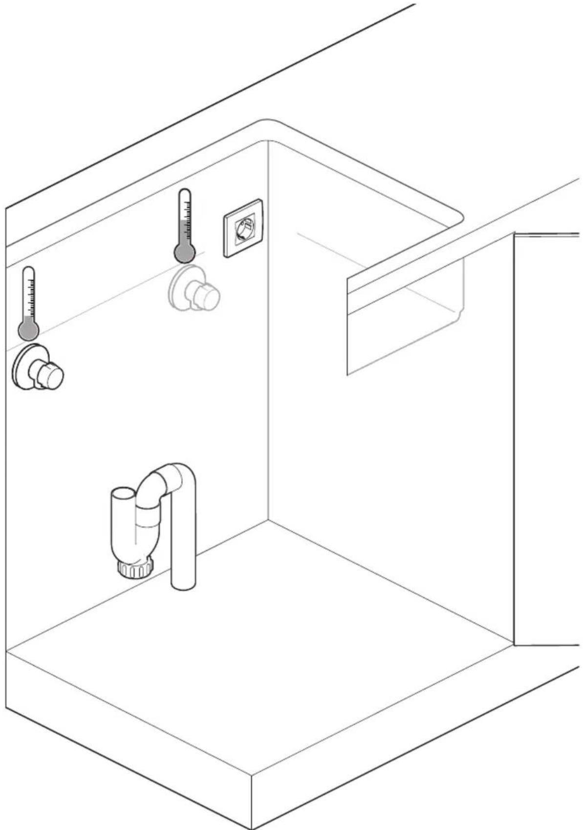 Isometric line drawing of a kitchen sink with fixtures including a thermometer, wall-mounted fixture, and a pipe fitting (no text or symbols)