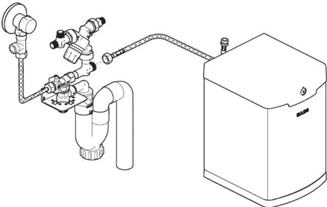 Technical line drawing of a mechanical piping system connected to a control unit.