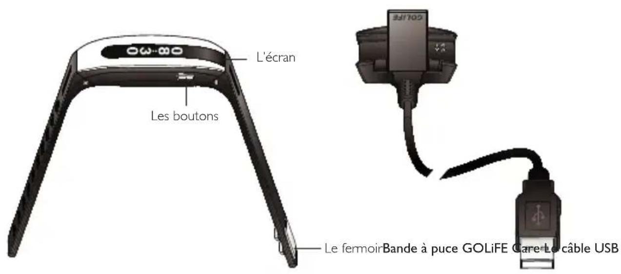 L'écran Les boutons Le femoir Bande à puce GOLiFE Care Le câble USB