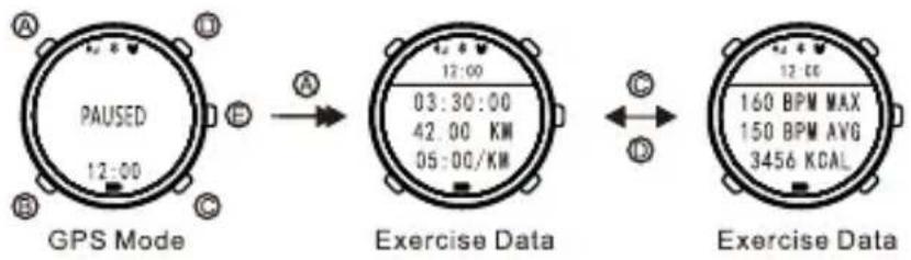 A PAUSED 12:00 B C GPS Mode A 12:00 03:30:00 42.00 KW 05:00/KW Exercise Data C D Exercise Data 12:00 160 BPM MAX 150 BPM AVG 3456 KCAL