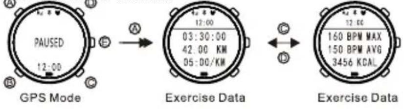 PAUSED 12:00 GPS Mode Exercise Data 12:00 03:30:00 42.00 KM 05:00/KW Exercise Data 12:00 160 BPM MAX 150 BPM AVG 3456 KCAL