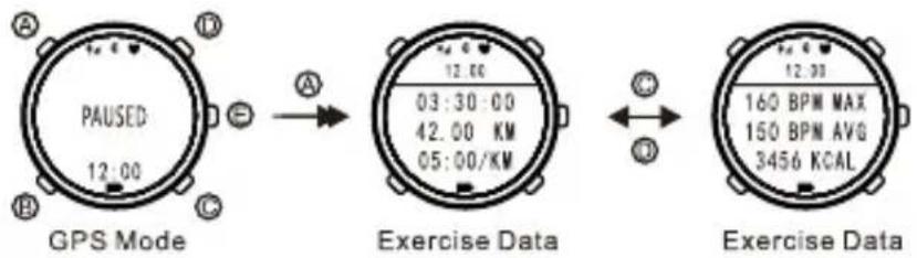 PAUSED 12:00 GPS Mode Exercise Data 12.00 03:30:00 42.00 KM 05:00/KM Exercise Data 12.00 160 BPM MAX 150 BPM AVG 3456 KCAL
