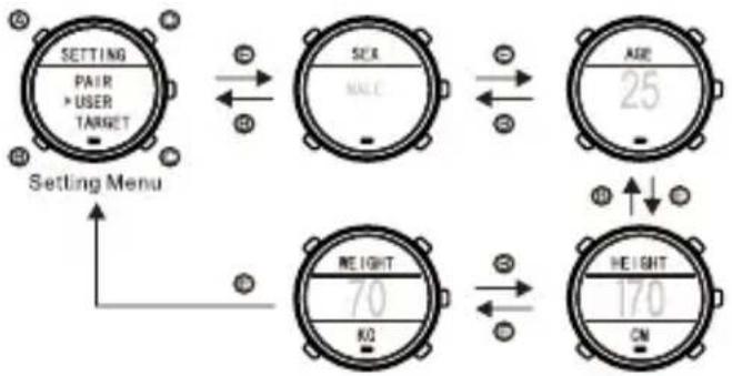 graph TD A["Setting Menu"] --> B["SEAR"] B --> C["ASR 25"] C --> D["HEIGHT 170"] D --> E["WEIGHT 70"] E --> F["SET"] style A fill:#f9f,stroke:#333 style B fill:#ccf,stroke:#333 style C fill:#cfc,stroke:#333 style D fill:#fcc,stroke:#333 style E fill:#cff,stroke:#333 style F fill:#ffc,stroke:#333