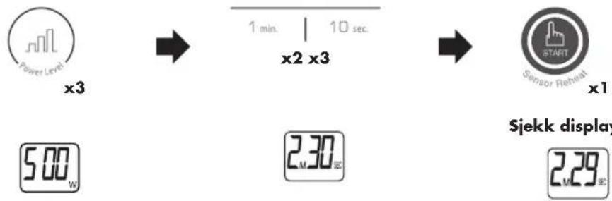 Power Level x3 1 min. | 10 sek. x2 x3 START Sensor Reheat x1 Sjekk display 5.00 W 2.30 SE 2.29 SE