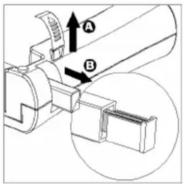 Technical diagram showing mechanical assembly with labeled parts A and B, including a magnified inset view.