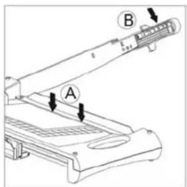 Technical diagram of a mechanical device with labeled parts A and B, showing directional arrows indicating movement or assembly.