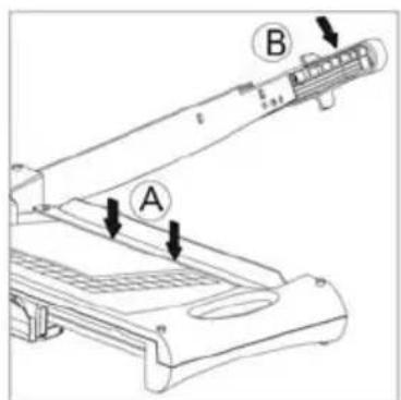 Technical diagram of a mechanical device with labeled parts A and B, showing directional arrows indicating movement or force.