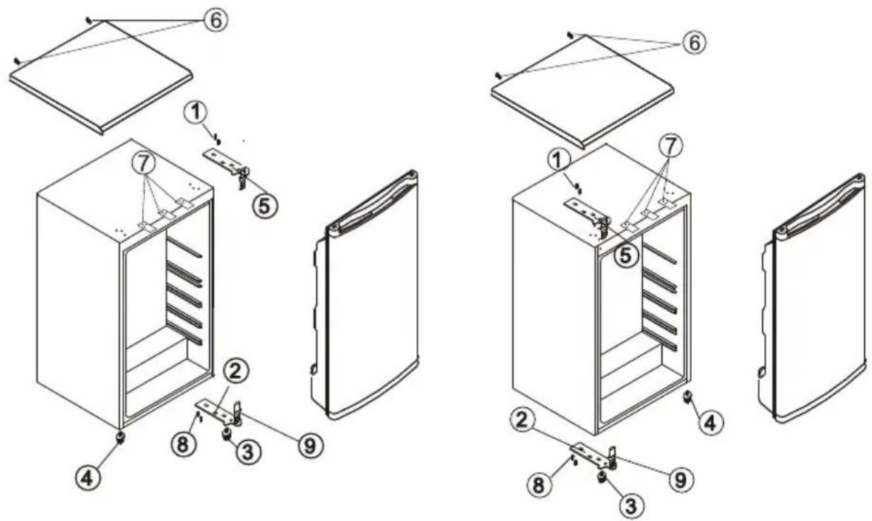 Technical diagram showing exploded view of a refrigerator with numbered components for assembly or maintenance.