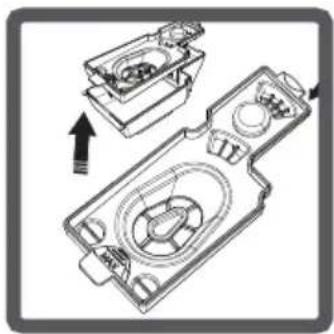 Technical line drawing of a mechanical device with internal components and an arrow indicating assembly (no text or symbols)