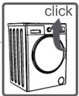 Line drawing of a washing machine with a circular button and 'click' label (no text on the machine itself)