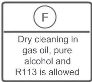 F Dry cleaning in gas oil, pure alcohol and R113 is allowed