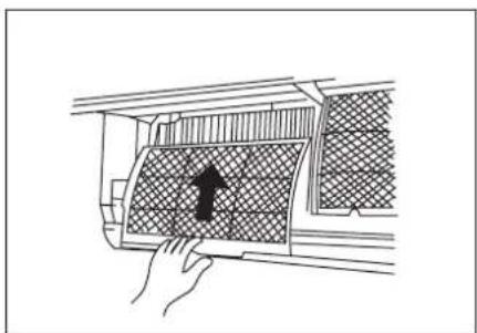 Line drawing of a hand pressing down on a car air vent with a mesh pattern and a black arrow indicating the direction (no text or symbols)