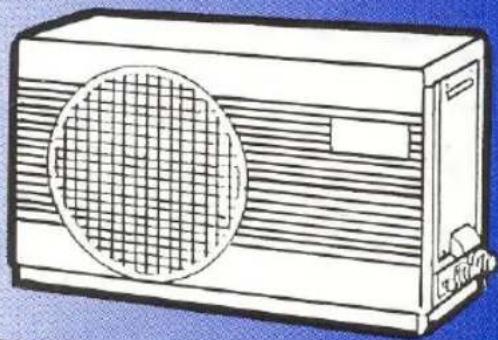 Line drawing of a rectangular air conditioner unit with a circular grille pattern (no text or symbols)