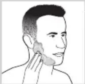 Line drawing of a person applying a cotton or cotton product to their ear (no text or symbols).