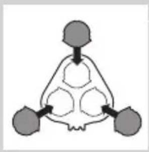 Abstract diagram with three connected nodes and a central triangular structure (no text or symbols)