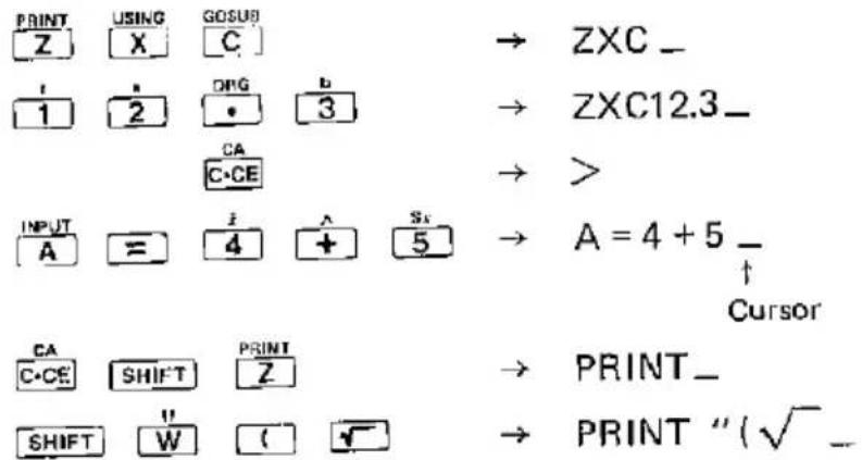 PRINT USING GOSUB, Z X C, 1 2 DPG b, CA, C-CE, INPUT A = 4 + 5, A = 4 + 5 _, Cursor, CA SHIFT PRINT, C-CE Z, SHIFT W ( ✓ ), → ZXC _, → ZXC12.3 _, → >, → A = 4 + 5 _, ↑, → PRINT _, → PRINT " (√ _