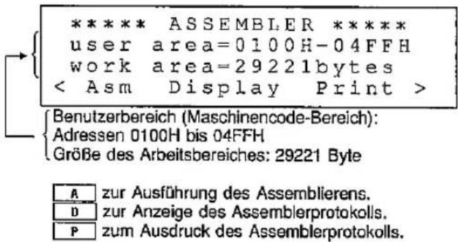***** ASSEMBLEUR ***** zone utilisateur = 0100H-04FFH zone de travail = 29221 octets < Asm Afficher Imprimer > Zone utilisateur (zone de code machine) : adresses 0100H à 04FFH taille de la zone de travail : 29221 octets A pour exécuter l'assemblage. D pour afficher le protocole d'assemblage. P pour…