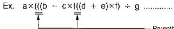 Ex. a×(((b - c×(((d + e)×f) ÷ g ...... Parenth