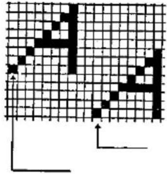 Diagramme en pixels avec des lignes noires et des flèches indiquant un flux ou un mouvement directionnel