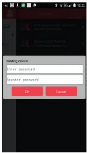 3G 12:22. Nick name: Raben (K Anish Phermission Modify). ID: BMW 70020 [L9020]. Phermission Press only. Binding device. Enter password. Reenter password. OK Cancel.