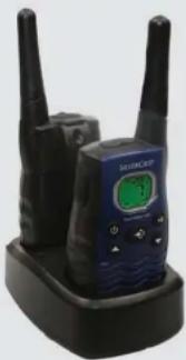 Black walkie-talkie device with two speakers and a digital display (no visible text or symbols)