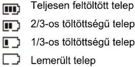 Teljesen feltöltött telep 2/3-os töltöttségű telep 1/3-os töltöttségű telep Lemerült telep