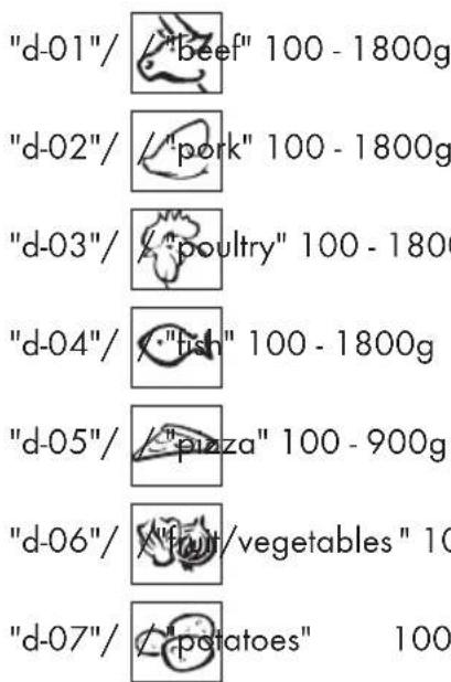 "d-01"/ / "beef" 100 - 1800g "d-02"/ / "pork" 100 - 1800g "d-03"/ / "poultry" 100 - 1800g "d-04"/ / "fish" 100 - 1800g "d-05"/ / "pizza" 100 - 900g "d-06"/ / "fruit/vegetables" 10 "d-07"/ / "potatoes" 100