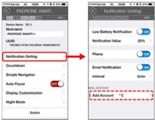 PADRONE SMART... Device Name: CC-1 Nickname PADRONE SMART+1 UUID 70675872-9739-7523-8028-1E9902M0701 Notification Setting Countdown Simple Navigation Auto Pause OFF Display Customization Night Mode Delete Notification Setting Low Battery Notification ON Notification Value 20% Phone ON Email Notifica…