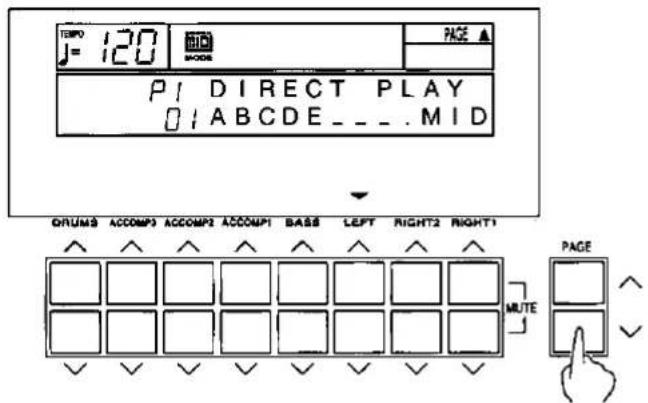 TEMP J= 120 MODE PAGE ▲ P1 DIRECT PLAY 01ABCDE_ _ . MID ORUMS ACCOMP3 ACCOMP3 ACCOMP1 BASB LEFT RIGHT2 RIGHT1 PAGE MUTE