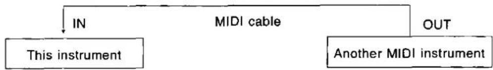 graph TD A["This instrument"] -->|IN| B["MIDI cable"] B -->|OUT| C["Another MIDI instrument"]