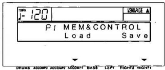 TEMP J= 120 MSNPAGE ▲ P1 MEM&CONTROL Load Save DRUMS ACCOMP3 ACCOMP2 ACCOMP1 BASB LEFT RIGHT2 RIGHT1