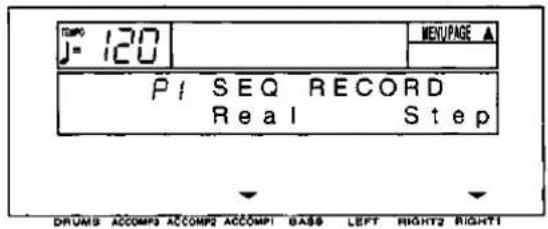 TIME J= 120 MENUPAGE ▲ PI SEQ RECORD Real Step DRUMS ACCOMP3 ACCOMP2 ACCOMP1 BASB LEFT RIGHT2 RIGHT1
