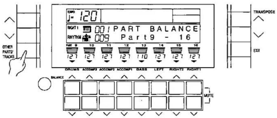 TEMP J= 120 RIGHT 1 001 PART BALANCE RHYTHM 009 Part 9 - 16 PART 9 10 11 12 13 14 15 16 127 127 127 127 110 127 127 127 DRUMS ACCOMP3 ACCOMP2 ACCOMP1 BASS LEFT RIGHT2 RIGHT1 BALANCE MUTE TRANSPOSE EXIT