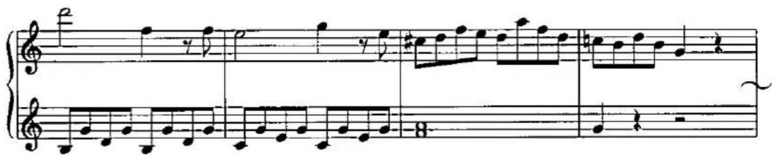 Musical score snippet with treble and bass clefs, showing notes, rests, and articulation marks