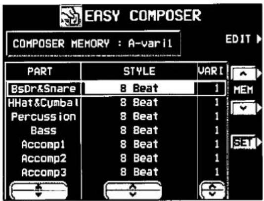 EASY COMPOSER COMPOSER MEMORY : A-varil EDIT ▶ PART STYLE VARI BsDr&Snare 8 Beat 1 HHat&Cymbal 8 Beat 1 Percussion 8 Beat 1 Bass 8 Beat 1 Accomp1 8 Beat 1 Accomp2 8 Beat 1 Accomp3 8 Beat 1