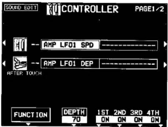 SOUND EDIT CONTROLLER PAGE1/2 AMP LF01 SPD AMP LF01 DEP AFTER TOUCH FUNCTION DEPTH 1ST 2ND 3RD 4TH 70 ON ON ON ON