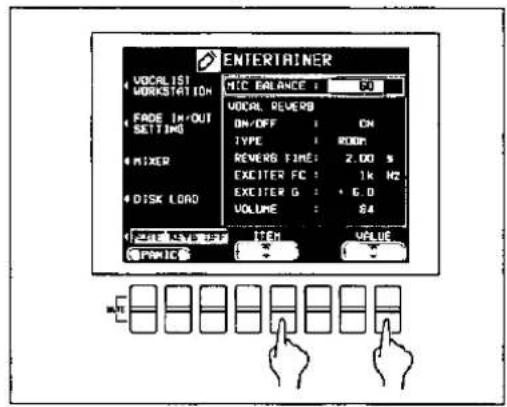ENTERTainer VOCALIST WORKSTATION FADE IN-OUT SETTING MIXER DISK LOAD MIC BALANCE : 50 VOCAL REVERB ON/OFF : CN TYPE : ROOM REVERS TIME : 2.00 s EXCITER FC : 1k Hz EXCITER G : +6.0 VOLUME : 84 HIGH VALUE PWMIC