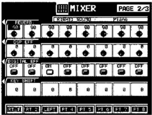MIXER PAGE 2/3 RIGHT SOUND - Piano REVERB 60 90 98 98 98 98 98 98 OSP EFF 0 0 0 0 0 0 0 DIGITAL EFF OFF OFF ON OFF OFF OFF OFF KEY SHIFT 0 0 0 0 0 0 0 RT-11 PT-2 LEFT PT-4 PT-5 PT-6 PT-7 PT-8