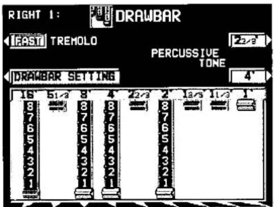 RIGHT 1: DRAWBAR FAST TREMOLO 2x3 PERCUSSIVE TONE DRAWBAR SETTING 4' 16 51/3 8 4 22/3 2 13/3 11/3 1 8 8 8 8 7 7 7 7 6 6 6 6 6 5 5 5 5 5 4 4 4 4 4 3 3 3 3 3 2 2 2 2 2 1 1 1 1