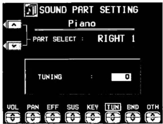 SOUND PART SETTING Piano PART SELECT : RIGHT 1 TUNING : 0 VOL PAN EFF SUS KEY TUN END OTH