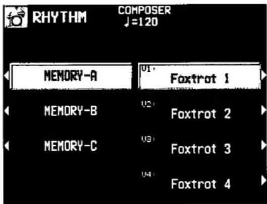 RHYTHM COMPOSER J=120 MEMORY-A 01: Foxtrot 1 MEMORY-B 02: Foxtrot 2 MEMORY-C 03: Foxtrot 3 04: Foxtrot 4
