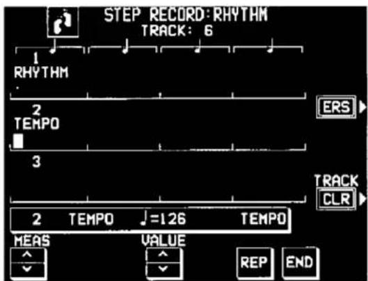 STEP RECORD: RHYTHM TRACK: 6 1 RHYTHM 2 TEMPO 3 ERS TRACK CLR 2 TEMPO J=126 TEMPO MEAS VALUE REP END