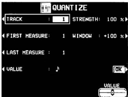 QUANTIZE TRACK : 1 STRENGTH: 100 % FIRST MEASURE: 1 WINDOW : +100 % LAST MEASURE : 1 VALUE : OK VALUE