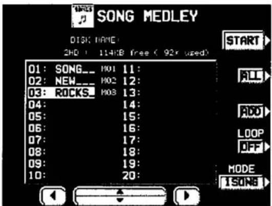 SONG MEDLEY DISK NAME: 2H0 114KB free (92x used) 01: SONG__ H01 11: 02: NEW__ H02 12: 03: ROCKS__ H03 13: 04: 14: 05: 15: 06: 16: 07: 17: 08: 18: 09: 19: 10: 20: START ALL ADD LOOP OFF MODE 1SON8